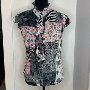 Selé Patchwork Mixed Print Ruffle Blouse Small Floral, Polka Dot, Zebra, Leopard